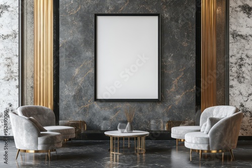 Modern lounge area featuring elegant chairs, a coffee table, and a blank wall for artwork.