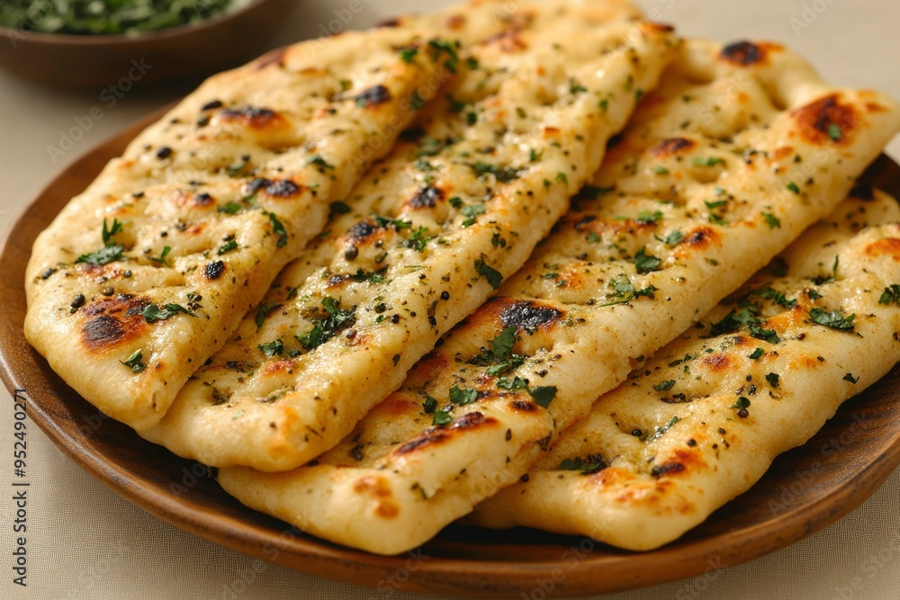Close-up of Golden Brown Garlic Naan Bread with Fresh Herbs Close-up of Golden Brown Garlic Naan Bread with Fresh Herbs