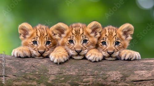 Three adorable lion cubs resting on a log, showcasing their playful nature in a vibrant, lush environment.