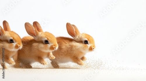 Three adorable rabbits run playfully together, showcasing their fluffy fur and lively spirit in a bright, clean setting.