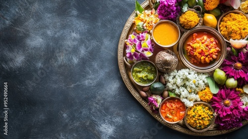 A beautiful display of Hindu offerings (puja thali) with flowers and fruits, leaving room for copy space. photo