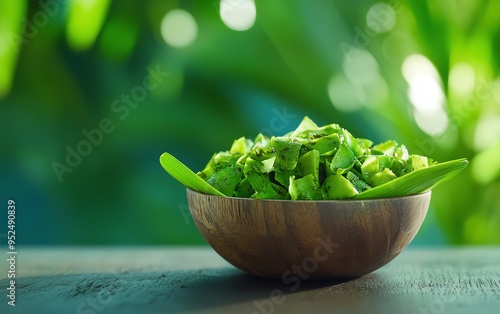 A hearty bowl of Tokelauan fekei, made from taro and coconut, served in a traditional leaf wrap with the calm, blue waters of the South Pacific visible in the distance photo