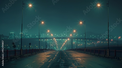 Municipal road, double solid line, street lamp, distant city, mid shot, side view, night, modern style, real scene, UHD, 8K  photo