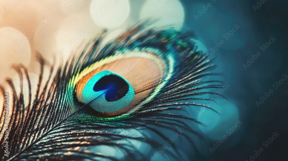 Obraz premium A close-up of a Hindu sacred peacock feather with a soft background and copy space.