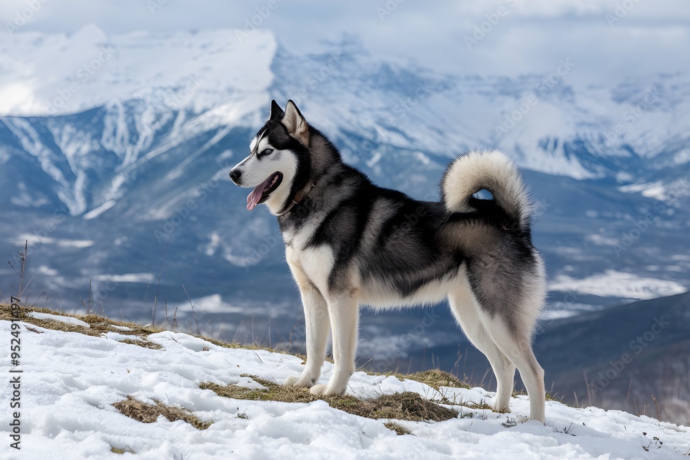 Standing on a hill, an adult Siberian Huskys silhouette contrasts with the snowy backdrop Standing on a hill, an adult Siberian Huskys silhouette contrasts with the snowy backdrop