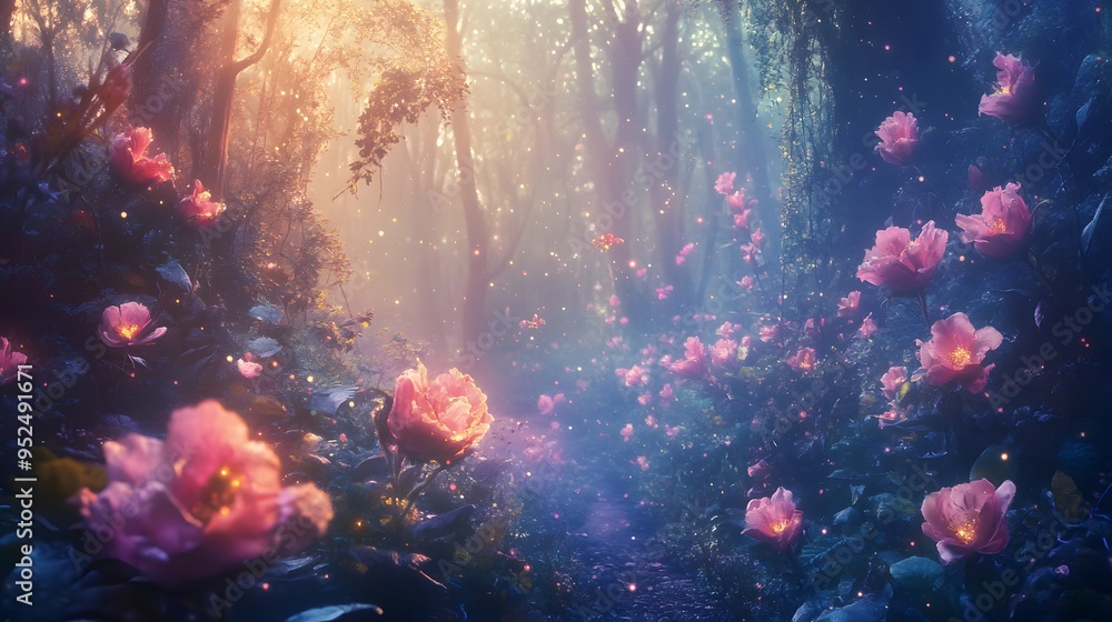 Enchanted forest with ethereal creatures glowing flowers soft-focus mystical atmosphere Enchanted forest with ethereal creatures glowing flowers soft-focus mystical atmosphere