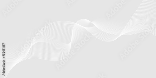 Abstract white wave dynamic curve lines on gray background with flowing particles. Digital energy waves technology concept. Modern backdrop design for business, presentation, banner.