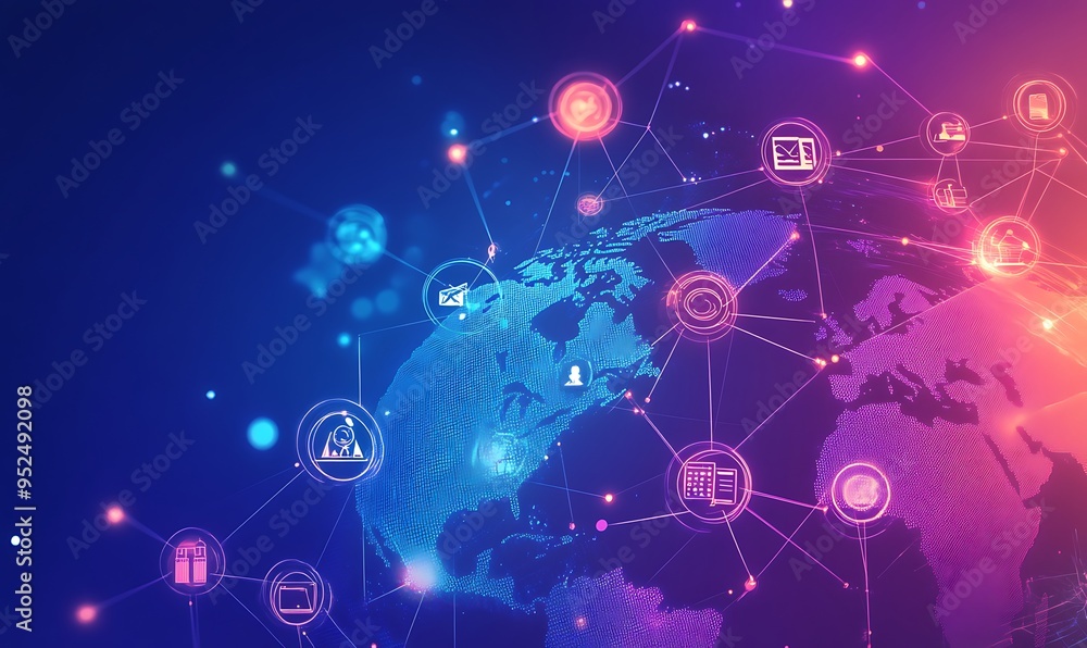 Interconnected Digital Icons Forming a Web Over a Global Map Representing Technological Advancement Interconnected Digital Icons Forming a Web Over a Global Map Representing Technological Advancement