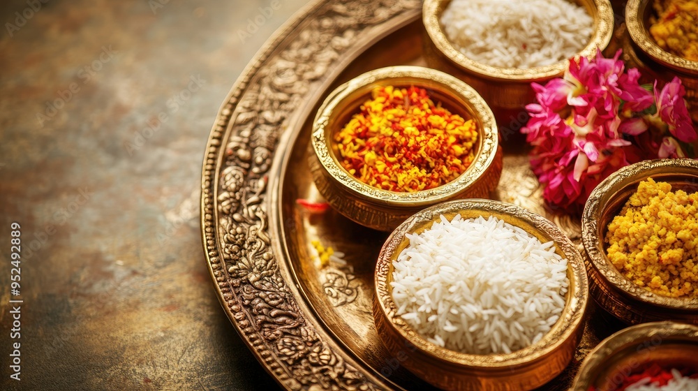 A close-up of traditional Hindu offerings (puja thali) with flowers, rice, and copy space. A close-up of traditional Hindu offerings (puja thali) with flowers, rice, and copy space.