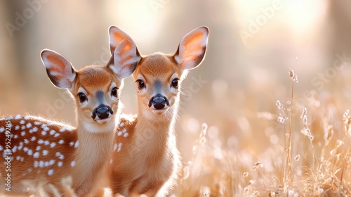 Two adorable fawns standing close together in a serene, sunlit meadow, showcasing the beauty of nature and wildlife.