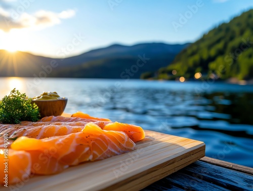 A platter of Norwegian gravlax, thinly sliced and served with mustard sauce, arranged on a wooden board with the backdrop of Oslo s fjords and the surrounding forested hills photo