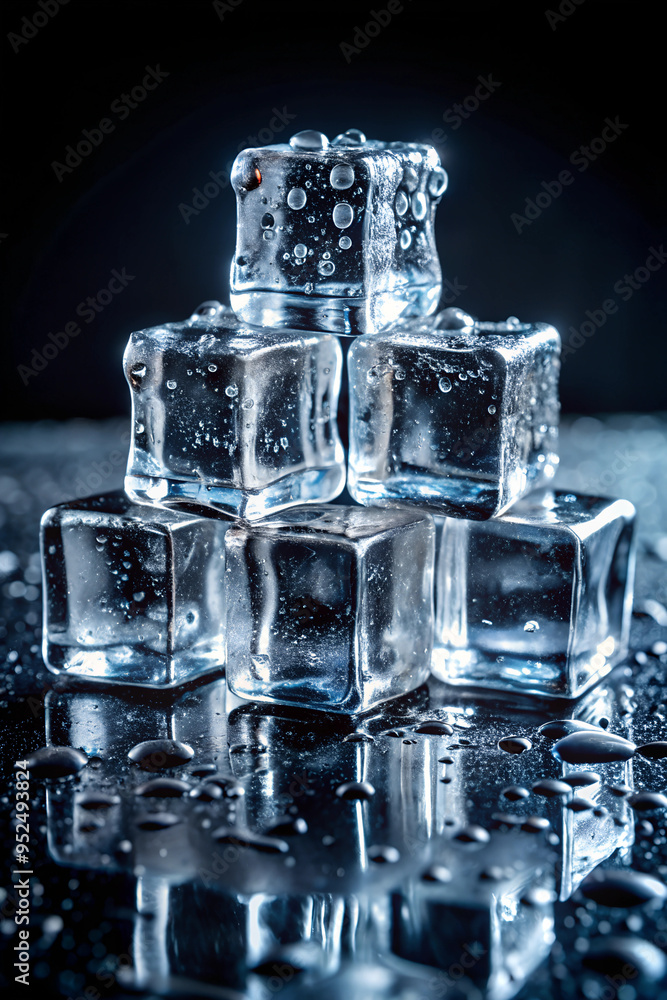 A high-contrast, close-up photograph of stacked ice cubes on a dark surface. The minimalist composition highlights the sharp, geometric shapes of the transparent ice cubes, with visible internal crack A high-contrast, close-up photograph of stacked ice cubes on a dark surface. The minimalist composition highlights the sharp, geometric shapes of the transparent ice cubes, with visible internal crack