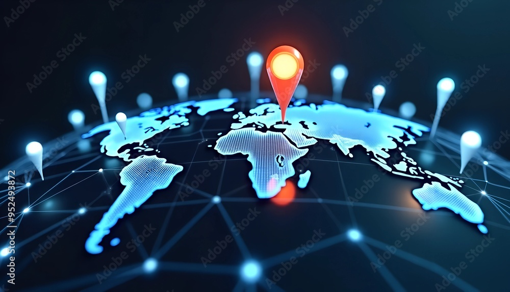 Futuristic Digital Global Network - Glowing Location Pins Connected by Blue Energy Lines on 3D Planet Futuristic Digital Global Network - Glowing Location Pins Connected by Blue Energy Lines on 3D Planet
