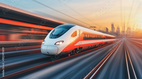 High Speed Train Racing Through Cityscape at Sunset