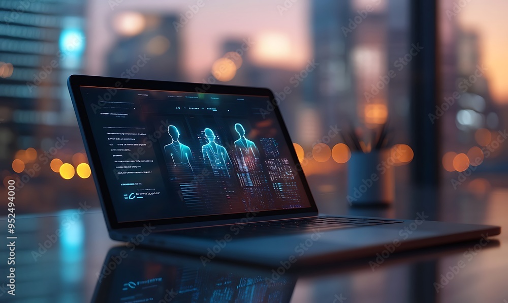 Laptop Screen Displaying Virtual Meeting with Holograms in a Modern Office with Cityscape View Laptop Screen Displaying Virtual Meeting with Holograms in a Modern Office with Cityscape View