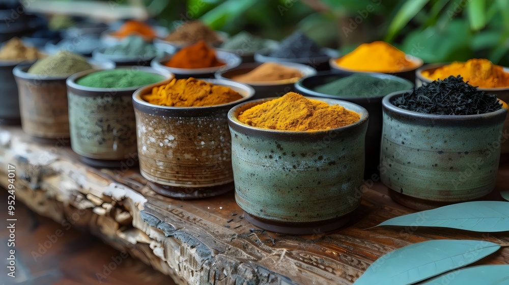 A wooden table with many bowls of spices on it A wooden table with many bowls of spices on it