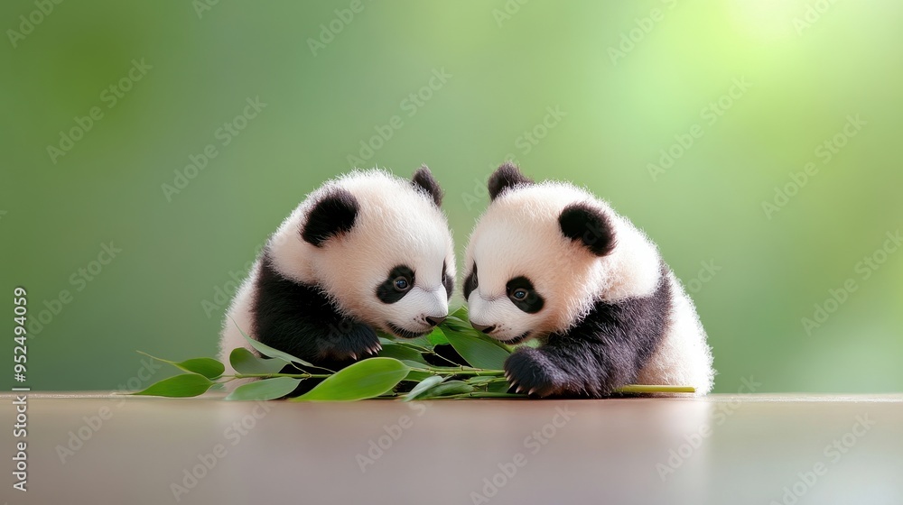Fototapeta premium Two adorable panda cubs munch on bamboo leaves, showcasing their playful and curious nature in a serene setting.