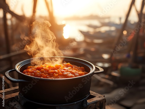 A Senegalese yassa dish, steaming hot, set on a rustic table in a coastal village, with fishermen hauling in their catch along the shores of Dakar visible in the distance photo