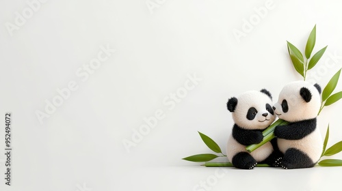 Two adorable panda cubs share bamboo in a playful scene, embodying friendship and innocence against a minimalist background.