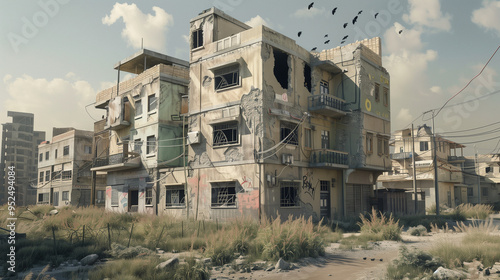 An abandoned, decrepit building with broken windows and graffiti amidst an overgrown urban environment, with birds flying in a cloudy sky.