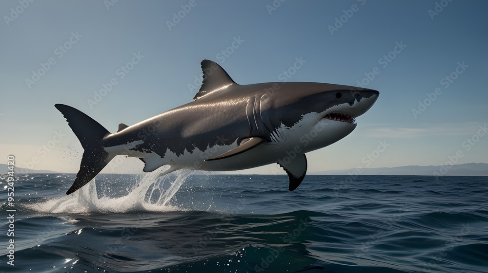 Fototapeta premium A powerful great white shark is captured mid-leap, its massive jaws wide open as it breaches the ocean's surface.