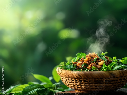 A steaming bowl of Papua New Guinean mumu, rich with yams and pork, served in a traditional woven basket with the lush, tropical rainforest in the background photo