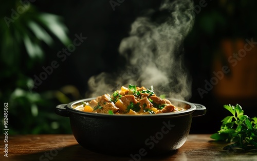 A steaming hot clay pot of pastureraised duck curry, rich in coconut milk, placed on a low wooden table with a thatched roof house and surrounding greenery in the background photo