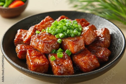 Glazed Pork Belly Bites with Green Onion Garnish on Black Plate