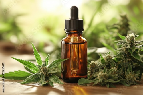 Cannabis Tincture Bottle with Leaf and Dropper
