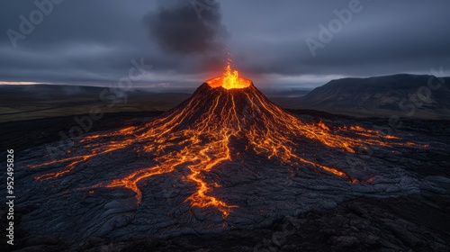 Molten lava streams pour from a powerful volcanic eruption under a dark, stormy sky at dusk, forming a dramatic and intense scene. photo