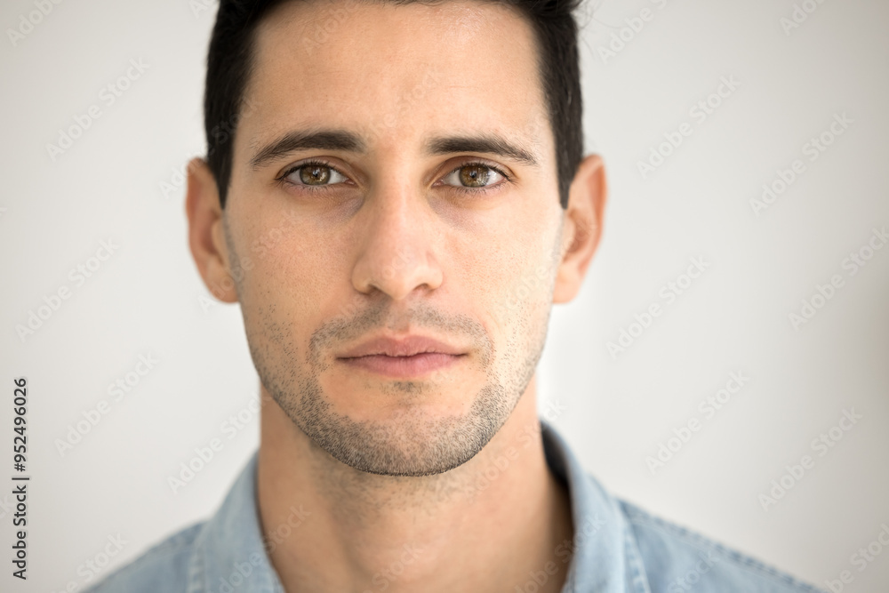 Serious attractive brunette Latin man looking at camera posing for close facial shot. Handsome black haired 20s Hispanic model guy with stubble close up cropped close up front portrait Serious attractive brunette Latin man looking at camera posing for close facial shot. Handsome black haired 20s Hispanic model guy with stubble close up cropped close up front portrait