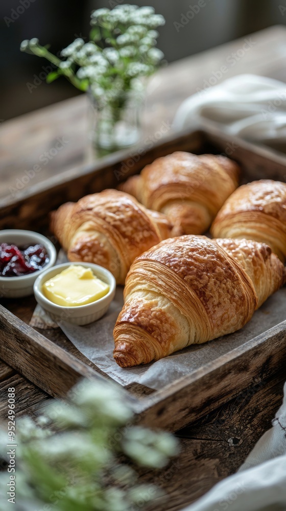 Freshly Baked Croissants with Butter Jam on Wooden Tray Freshly Baked Croissants with Butter Jam on Wooden Tray