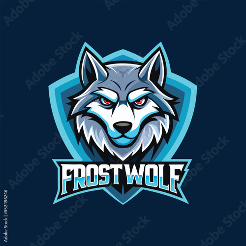 Wolf mascot logo icon vector design with text frost wolf badge style isolated