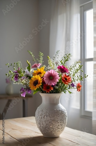 A vase with colorful flowers on the table