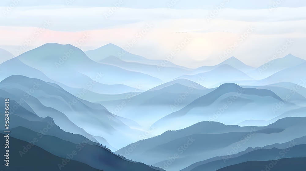 Fototapeta premium Serenity of a misty mountain sunrise with soft colors and tranquil atmosphere