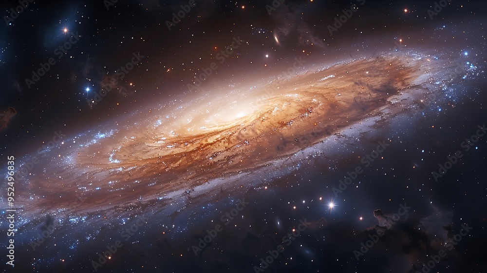 Fototapeta premium A swirling spiral galaxy with bright stars and dust lanes in a dark space.