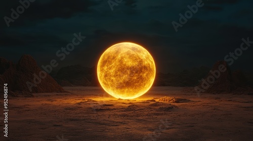 In a desolate desert at twilight, a luminous golden sphere reflects the moody, cloud-filled sky, creating a striking contrast. photo