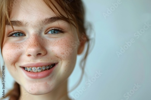 Teen girl with braces smiles warmly against a light background in a close-up