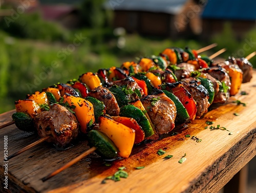 Climateconscious Kyrgyz shashlik, grilled skewers of freerange meat and organic vegetables, served on a rustic board with a view of a traditional Kyrgyz village photo