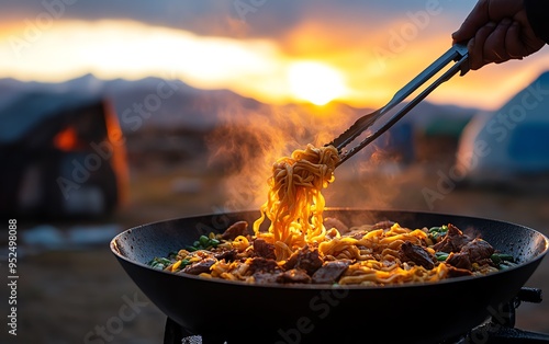 Climateconscious Kyrgyz beshbarmak, featuring handmade noodles and freerange lamb, served on a large communal platter with the backdrop of a yurt in the Tien Shan mountains photo