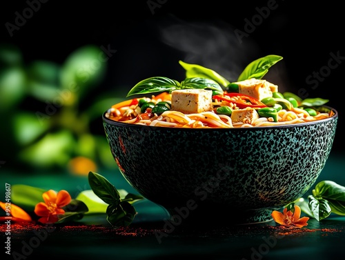 Climateconscious Singaporean laksa, a spicy coconut noodle soup with organic tofu and vegetables, served in a ceramic bowl with a view of Marina Bay Sands photo