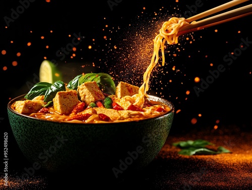 Climateconscious Singaporean laksa, a spicy coconut noodle soup with organic tofu and vegetables, served in a ceramic bowl with a view of Marina Bay Sands photo