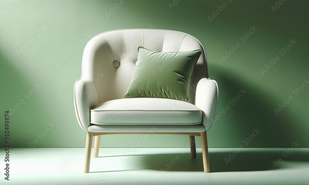 Moderner, hellgrüner Sessel aus Velour auf grünem Hintergrund, copy space Moderner, hellgrüner Sessel aus Velour auf grünem Hintergrund, copy space
