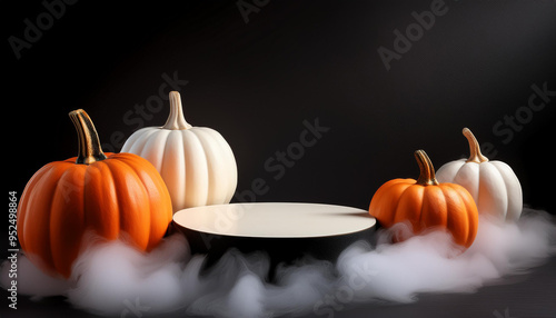 Round podium with pumpkins and swirling ethereal smoke on black. Seasonal advertising for Halloween