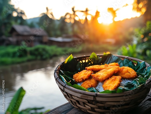 Ecofriendly packaging for Bangladeshi panta bhat, fermented rice served with organic fried hilsa fish, presented in a biodegradable container with a view of a rural Bengali village photo