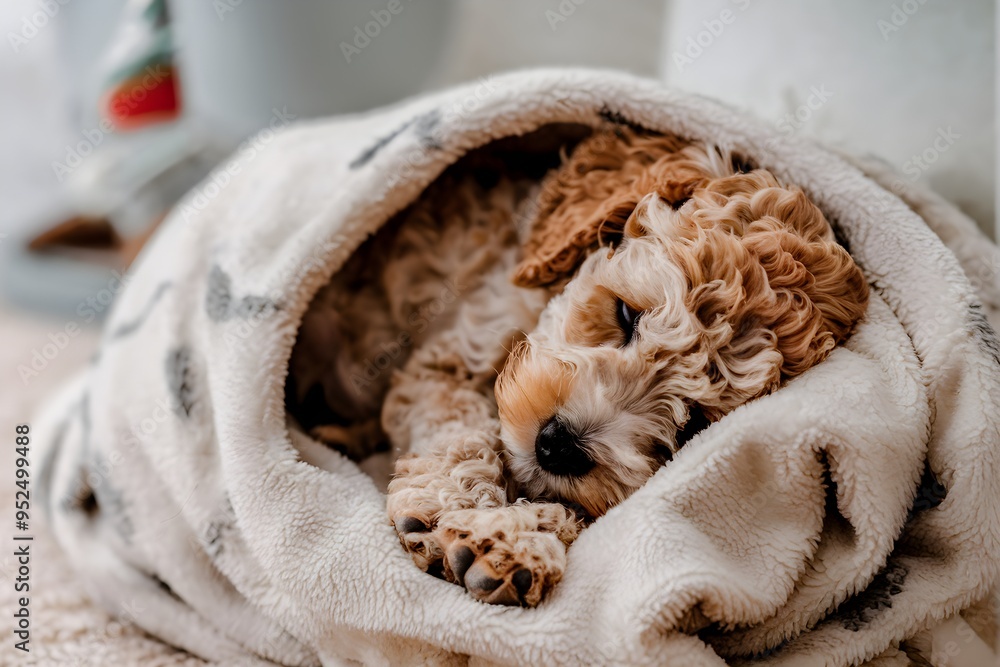 Poodle puppy curls in blanket, peaceful slumber Poodle puppy curls in blanket, peaceful slumber