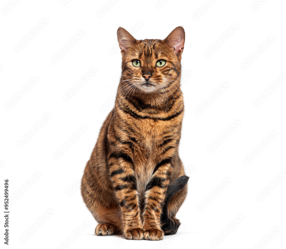 Toyger cat sitting and looking at camera on white background Toyger cat sitting and looking at camera on white background