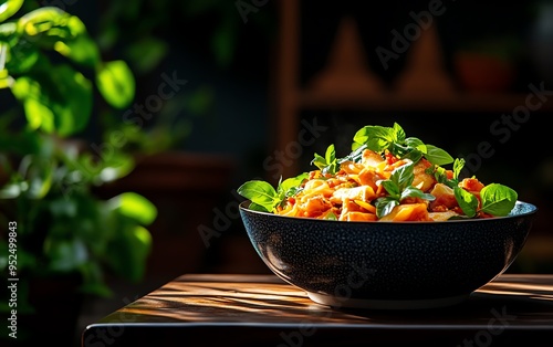 Ecofriendly packaging of Burmese mohinga, a fish soup with rice noodles and organic herbs, presented in a compostable bowl with the backdrop of ancient Bagan temples photo