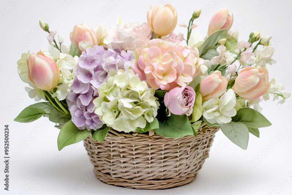 A beautiful arrangement of pastel flowers in a woven basket, perfect for decoration. A beautiful arrangement of pastel flowers in a woven basket, perfect for decoration.