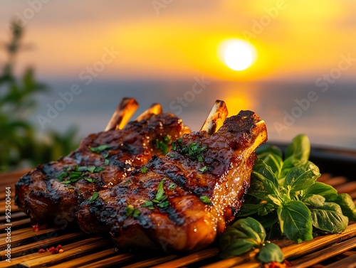 Grilled pastureraised lamb chops, served with a side of fresh greens, on a bamboo mat, set against the backdrop of a peaceful Vietnamese beach at sunset photo